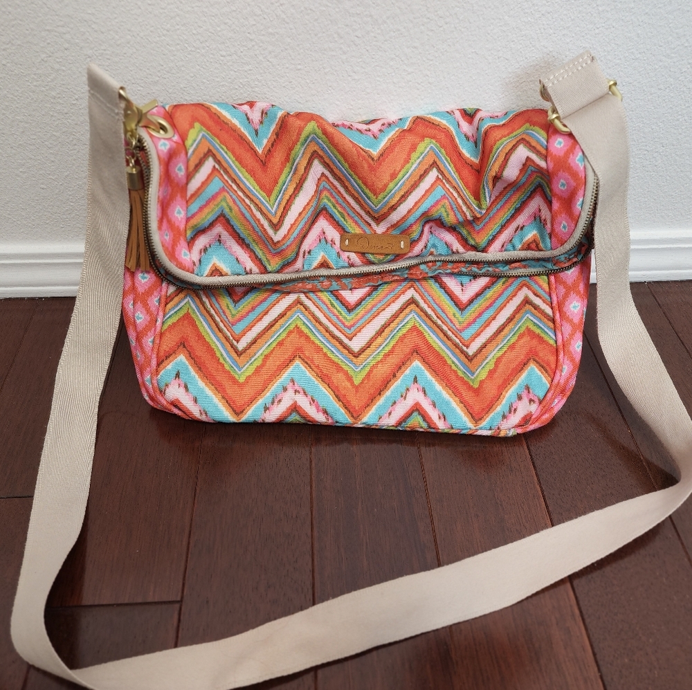 Large Crossbody Messenger Overnight Bag, Orange Blue Chevron Floral Print